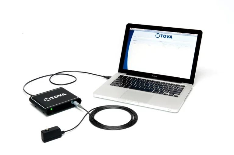 Patient completing a computerized attention test during an ADHD evaluation