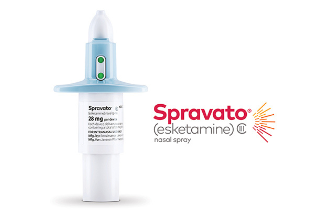 Spravato esketamine nasal spray device next to the Spravato logo