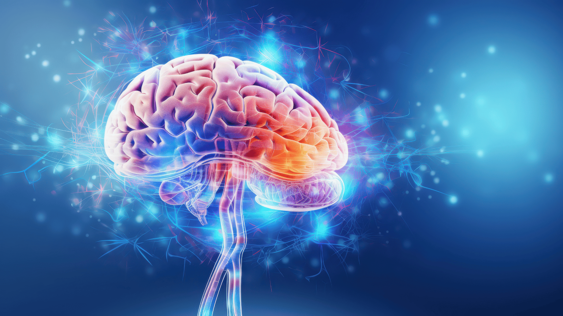 3D graphic of a brain with network elements on a blue gradient background.